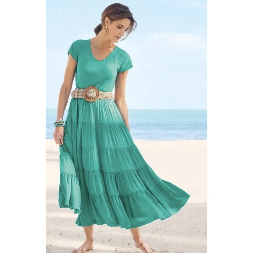 Soft Surroundings Kara Dress Teal Blue Green M Womens Midi Tiered Viscose 2FN98